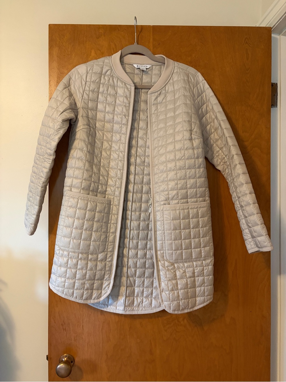 Athleta Quilted Longline Puffer Jacket in Light Beige